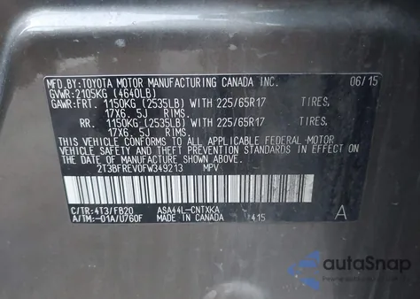 2015 Toyota Rav4 Le from USA, damaged, VIN 2T3BFREV0FW349213